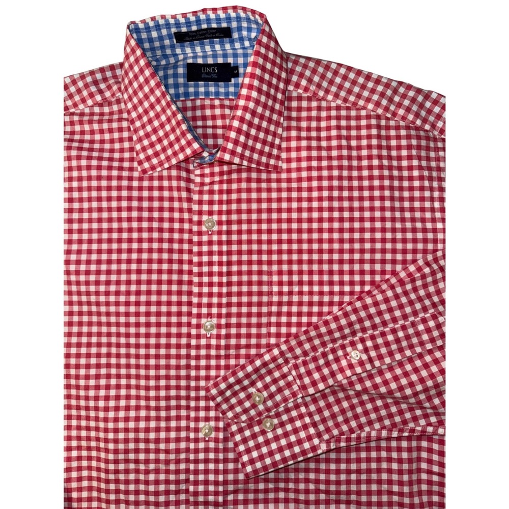 LINCS David Chu Mens Coral White Gingham Check Long‎ Sleeve Cotton Shirt Size M